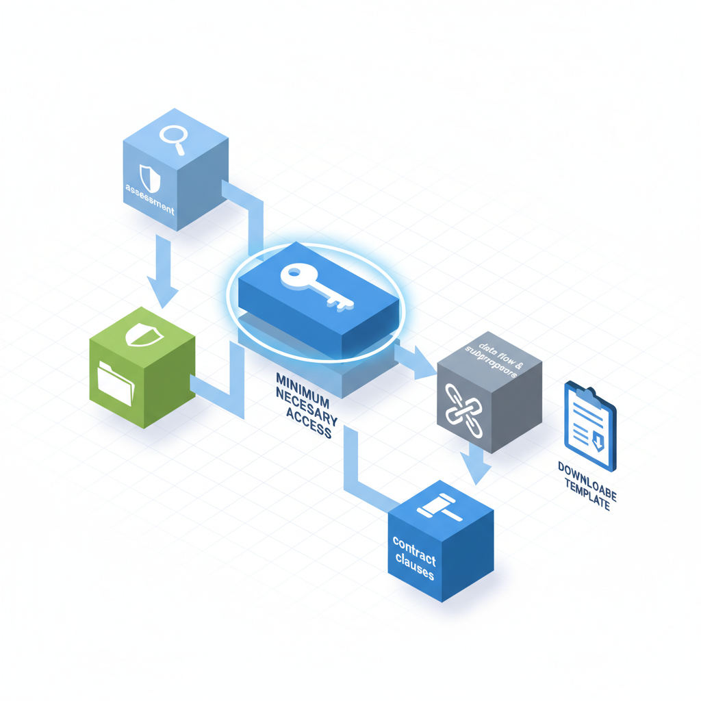 Isometric layered diagram showing checklist steps and icons for assessment, data classification, access, subprocessors and co