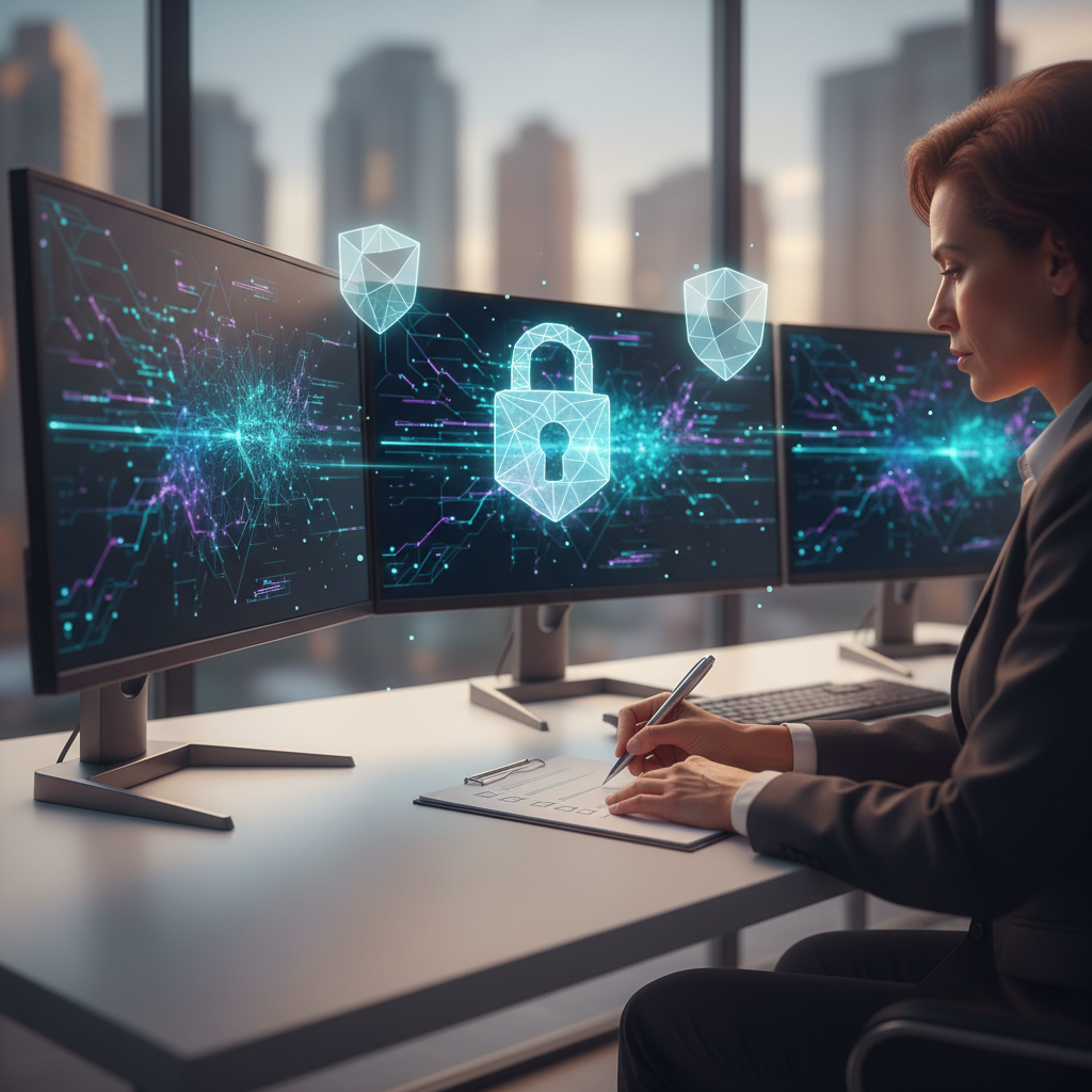 Security engineer at workstation monitoring abstract API data flows and floating padlock icons in a modern office