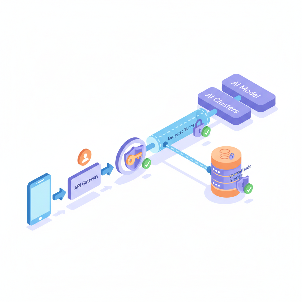 Isometric diagram of a secured AI data pipeline with arrows, padlocks, servers, model cluster and encrypted tunnels