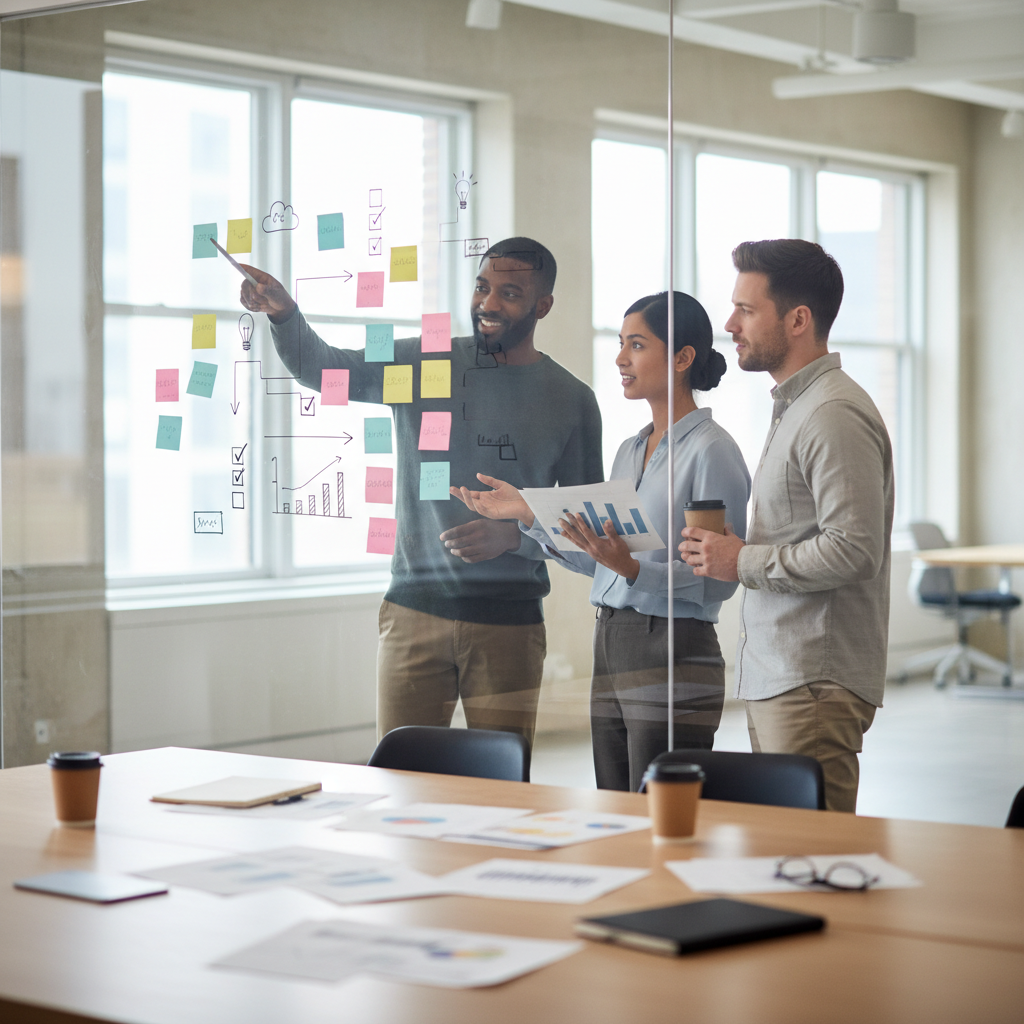 Diverse product team pointing at glass wall of sticky notes and diagrams during an AI explainability review