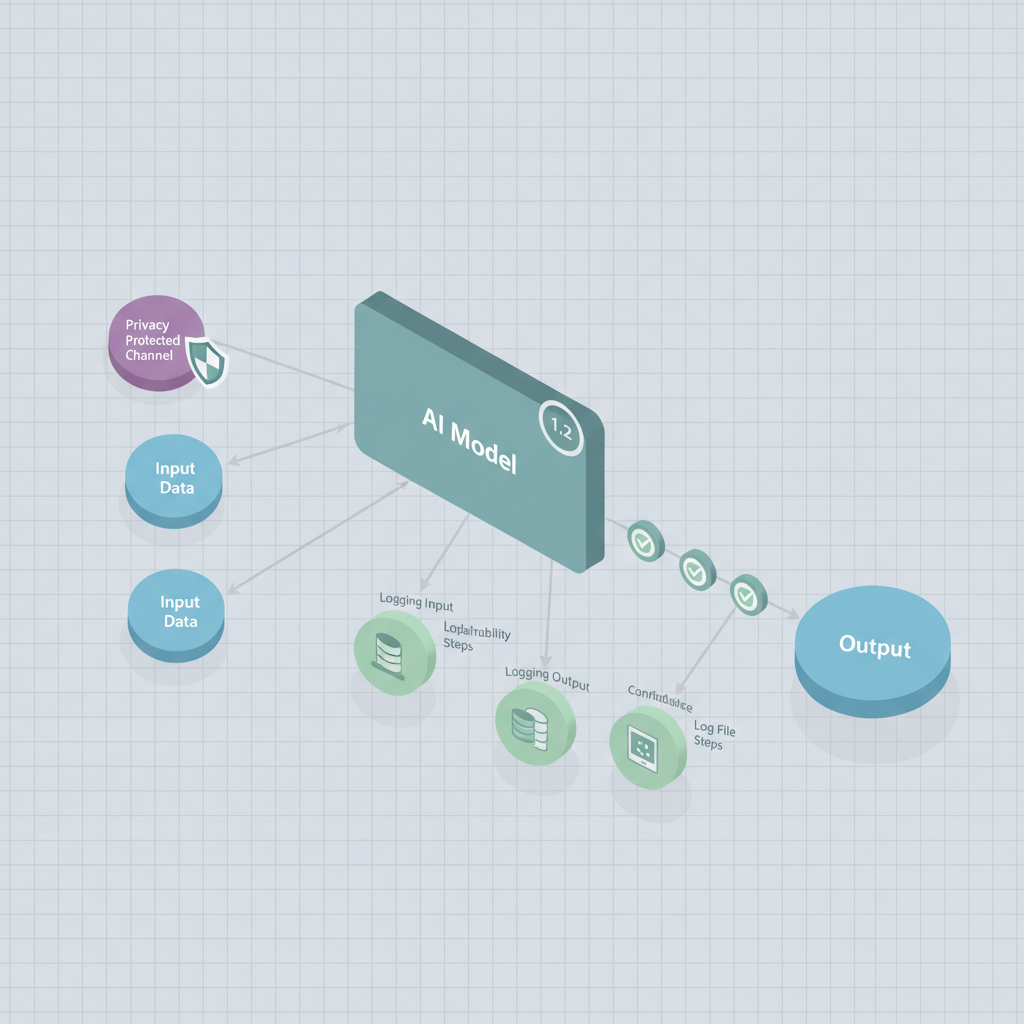 Isometric diagram of an AI pipeline showing logging points, model version badge, provenance arrows and privacy shields