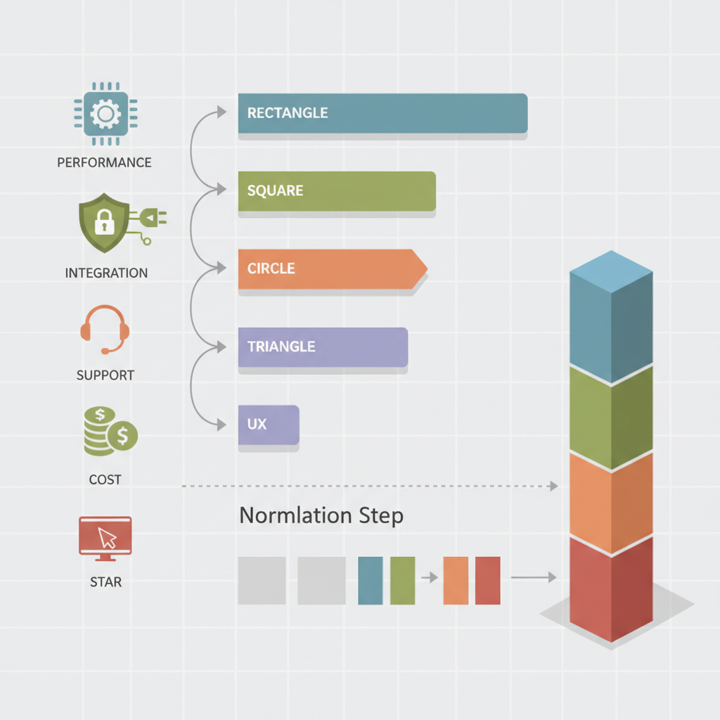 Isometric infographic showing criteria icons funneling into proportional weighted bars and a combined score visualization