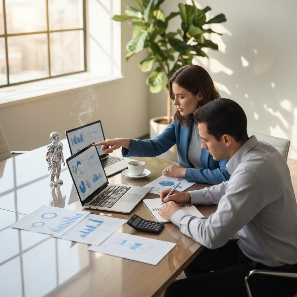 Analyst pointing at two laptops with blurred pricing charts while comparing AI tool costs at a sunny office desk