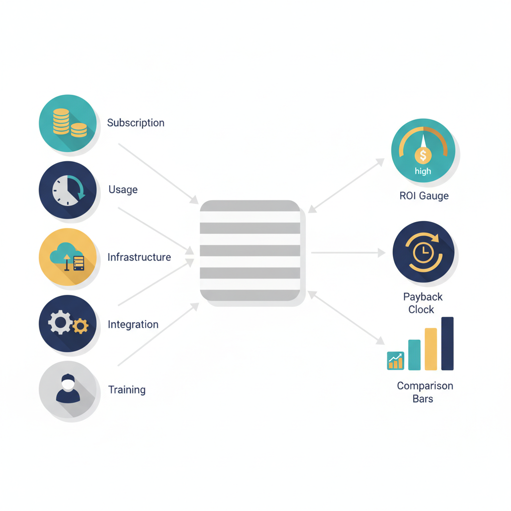 Isometric flow diagram with cost icons flowing into a calculator, producing ROI gauge, payback clock and comparison bars