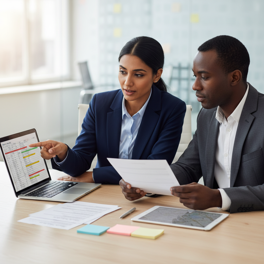 Two analysts point at spreadsheets and printed checklists while comparing AI vendor security in a bright conference room
