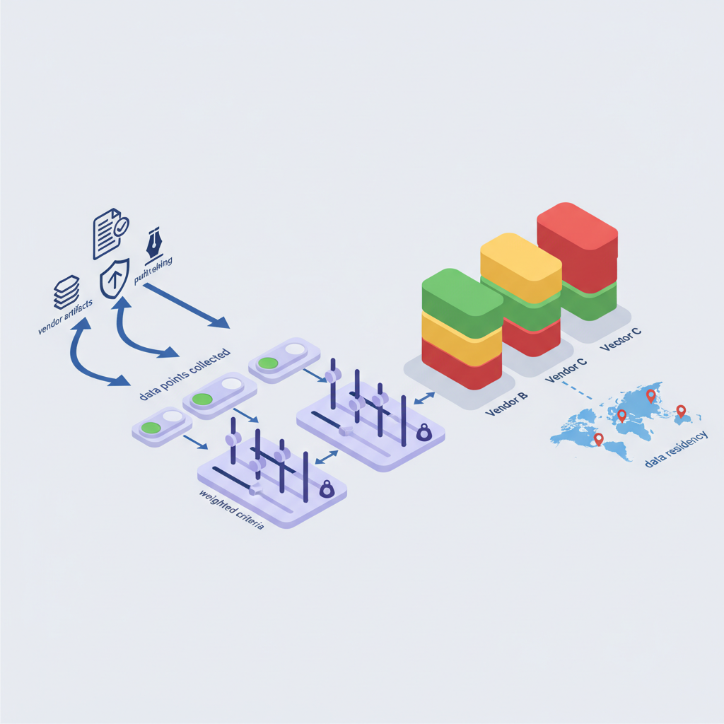Isometric diagram showing a documents-to-score flow: vendor artifacts to binary toggles, weighted sliders, and a data-residen