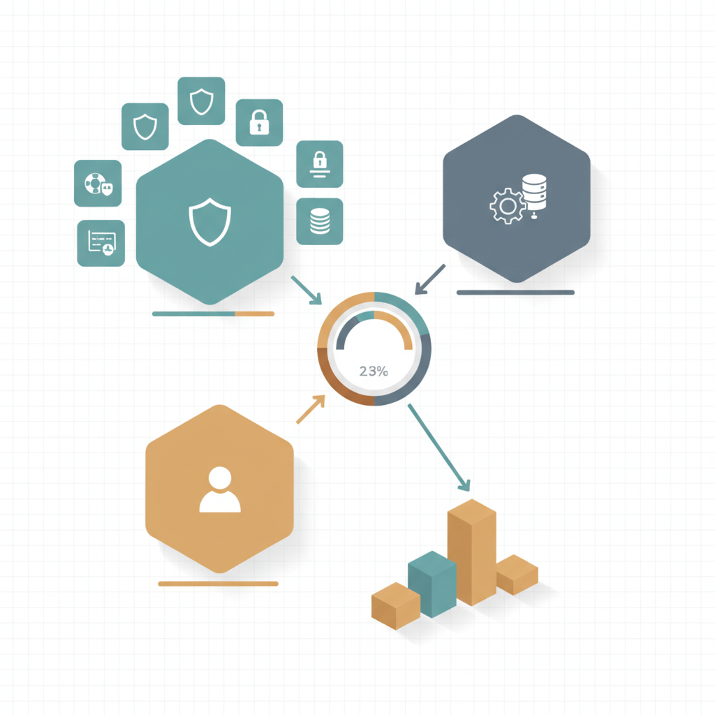 Isometric infographic merging security, operations, UX and cost icons into a combined scoring gauge and ranked podium
