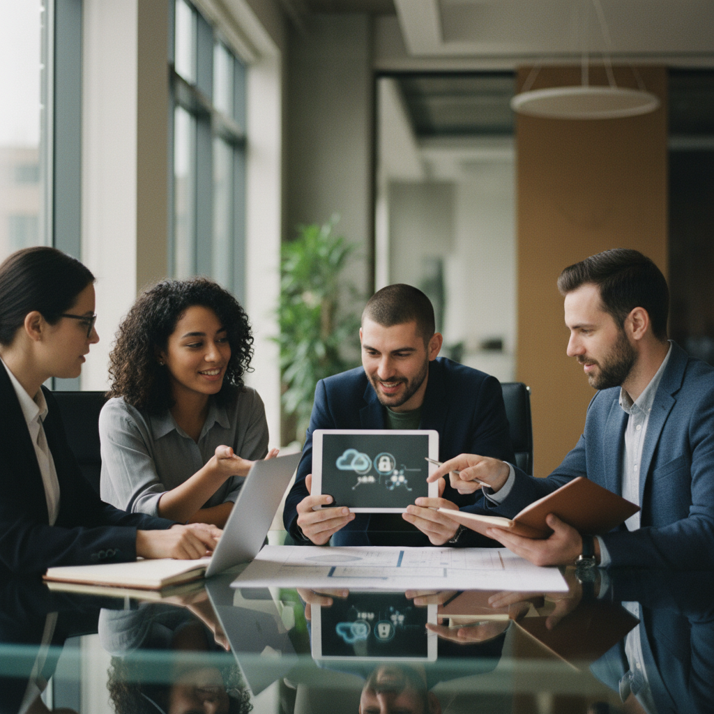 Cross-functional team pointing at an abstract data-flow diagram during an AI vendor data handling meeting