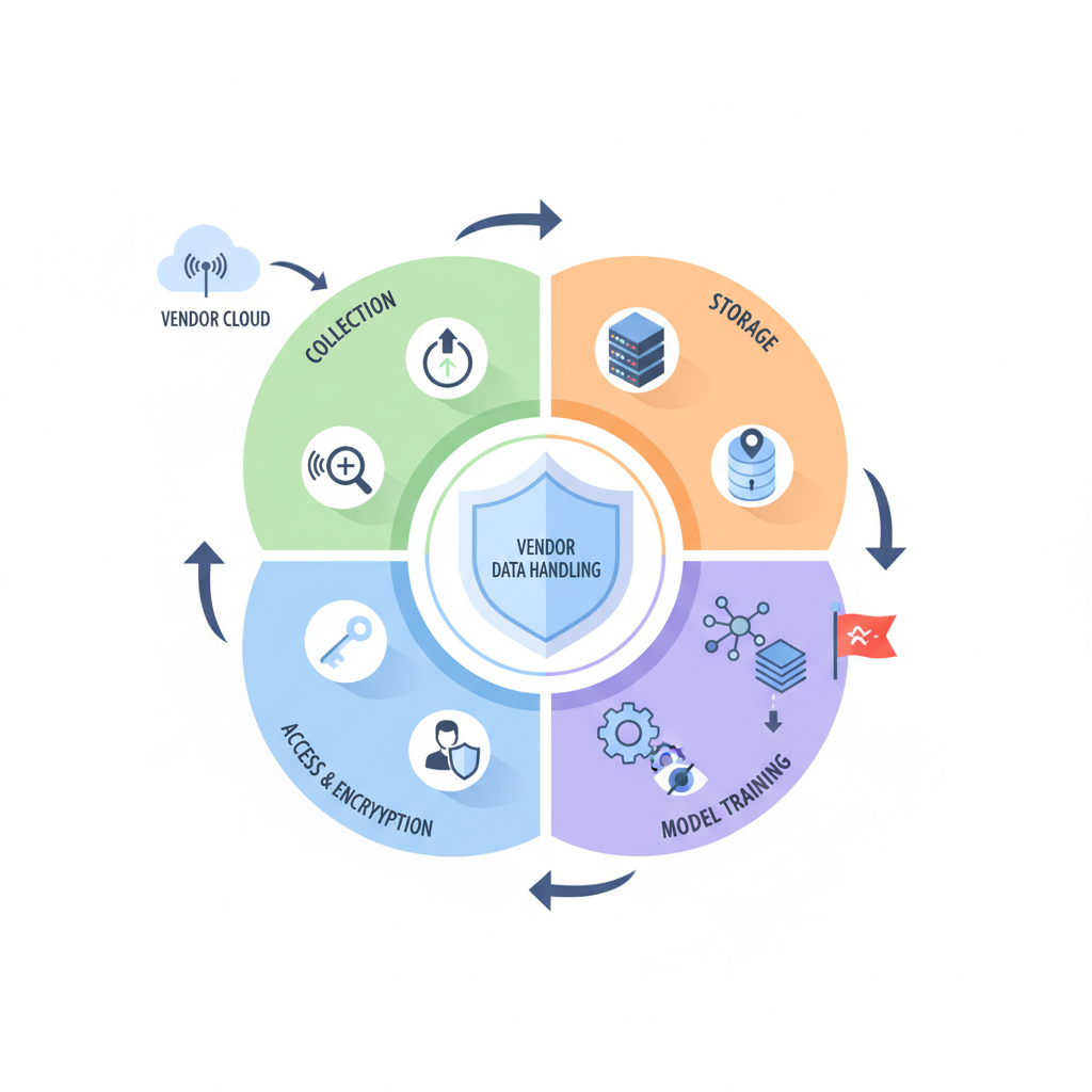 Isometric diagram showing 12 color-coded icons around a central shield for AI vendor data handling