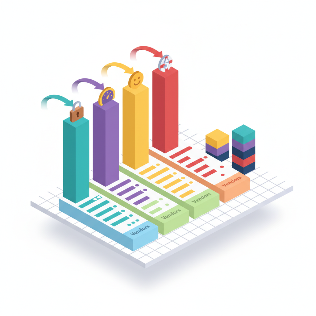 Isometric diagram of a side-by-side AI scoring matrix with colored category pillars and vendor score bars showing weighted ag