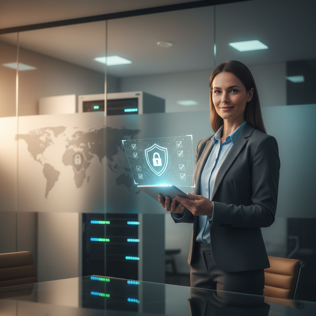 Data privacy officer holding tablet with holographic shield and checklist icons, office server rack visible behind