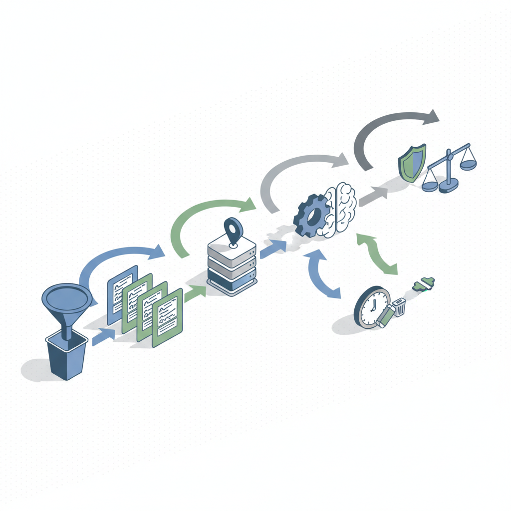 Isometric diagram showing data flow icons (collection, classification, storage, processing, sharing, deletion) linked by arro