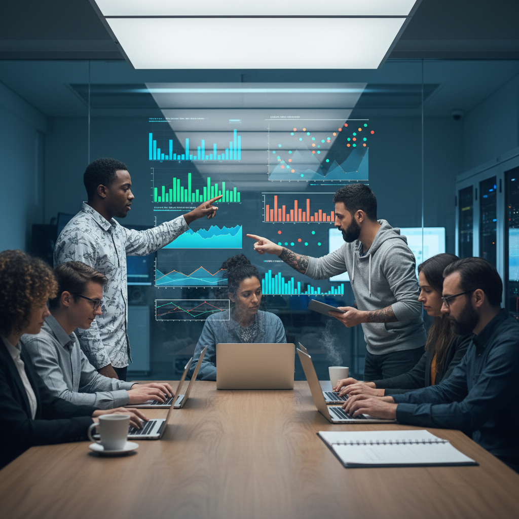 Ops engineers reviewing AI API reliability dashboards on a transparent wall display in a cloud operations room