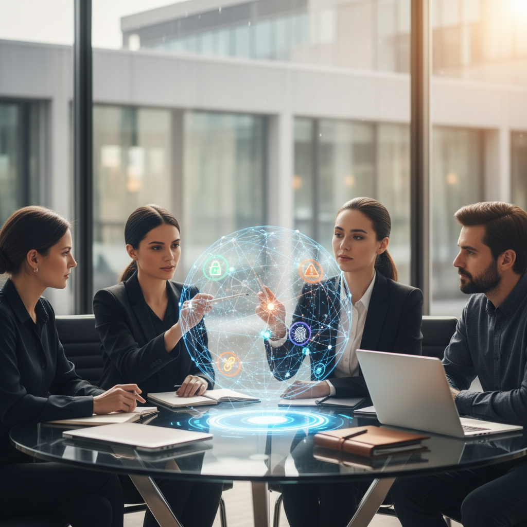 Security team reviewing a holographic network of connected AI model nodes and risk icons in a glass conference room