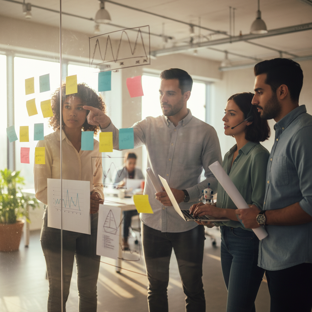 Cross-functional team huddling at a glass wall, pointing at sticky notes and charts during an AI pilot planning session