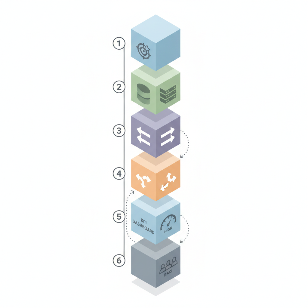 Isometric diagram of an AI pilot workflow with stages, A/B experiment split, KPI gauges, and role icons