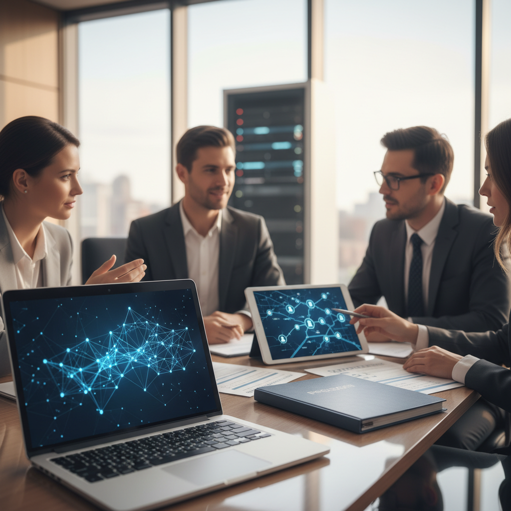 Diverse compliance team reviewing AI visuals on laptops and printed policies around a conference table