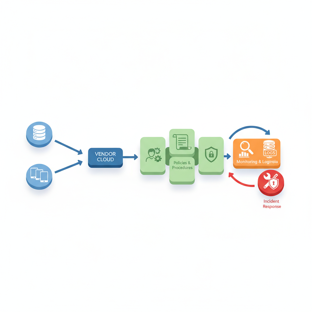 Isometric diagram showing data flow through governance layers, controls, vendor and monitoring icons connected by arrows