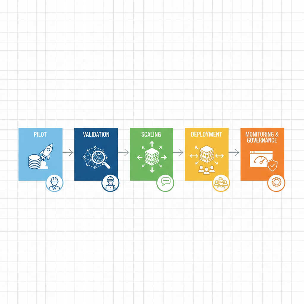 Isometric pipeline diagram showing five stages from pilot to production with icons for testing, validation, scaling, deployme