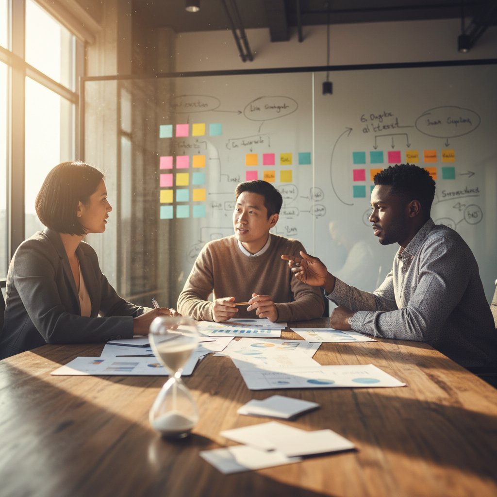 Diverse product and data team debating KPI strategy around a table with charts and an hourglass, collaborative office setting