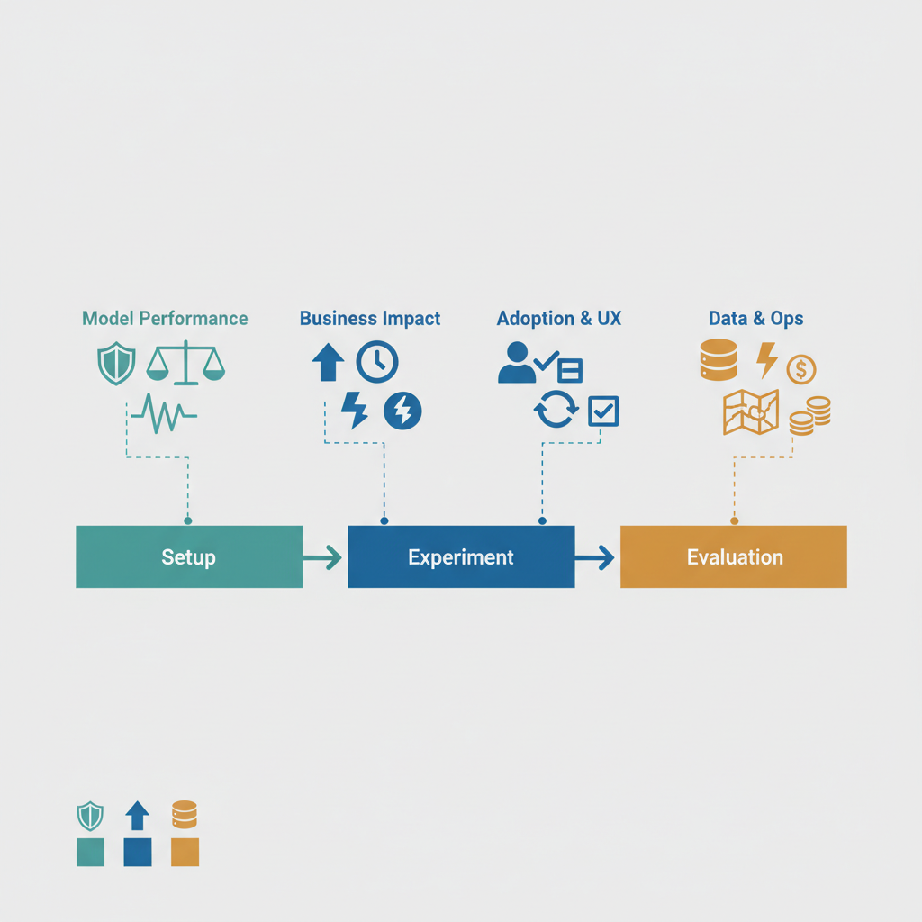 Isometric 60-day timeline diagram with color-coded KPI icon clusters for model, business, adoption, and data metrics