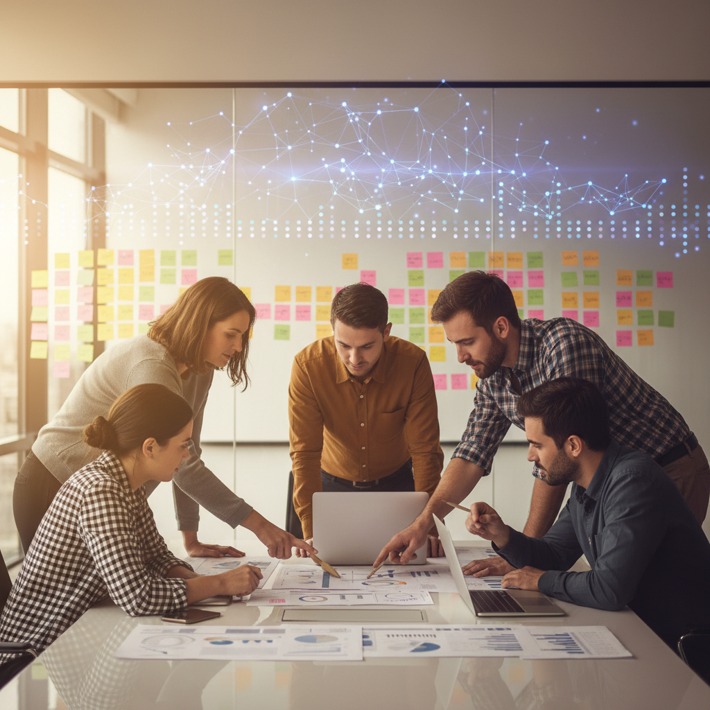 Cross-functional team reviewing a 60‑day pilot timeline on a glass wall in a bright conference room