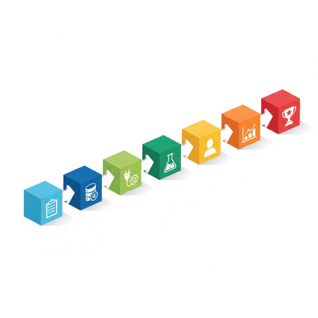 Isometric 7‑block timeline with icons showing planning, data prep, integration, experimentation, and evaluation stages