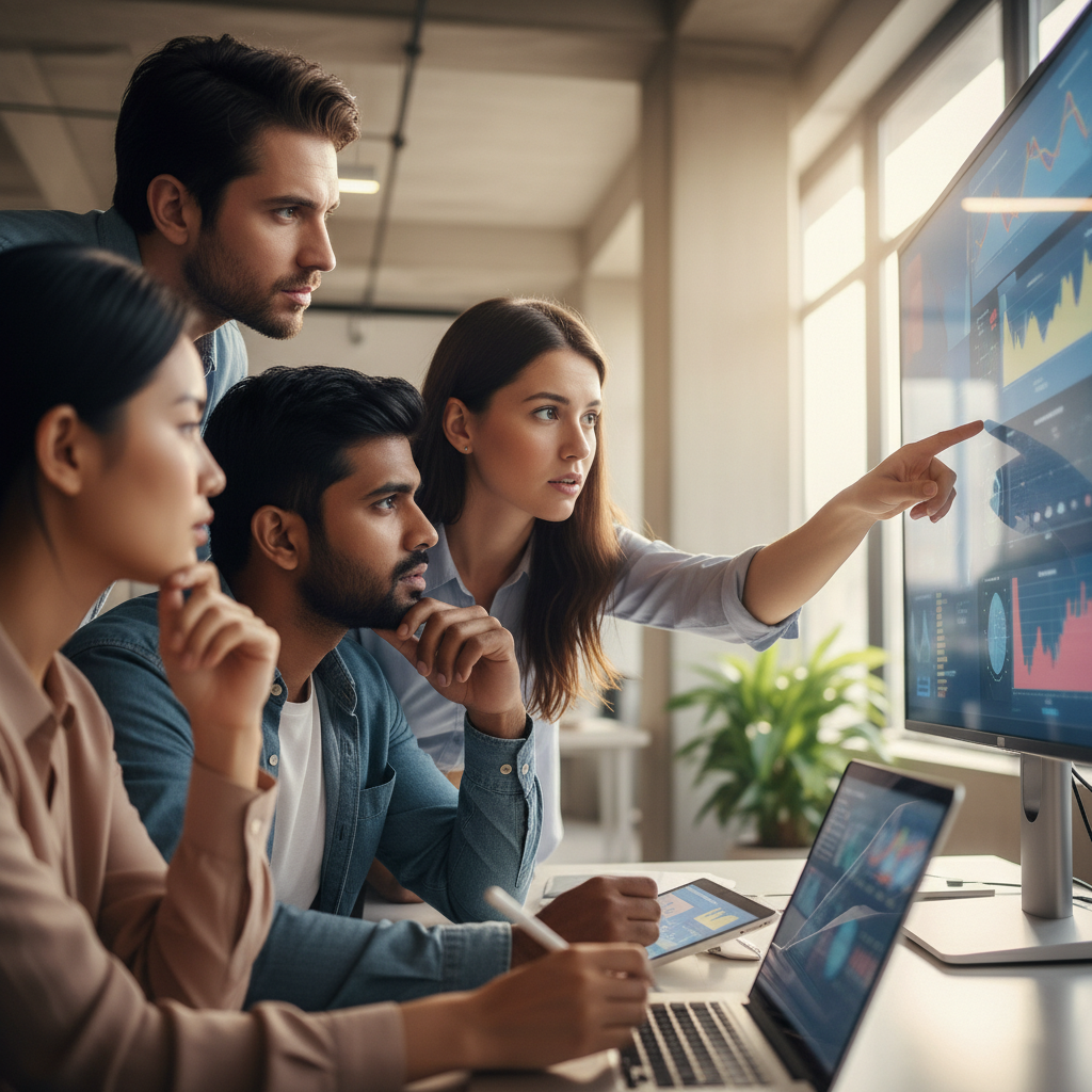 Data science team troubleshooting an AI pilot around a laptop and blurred charts in a modern office