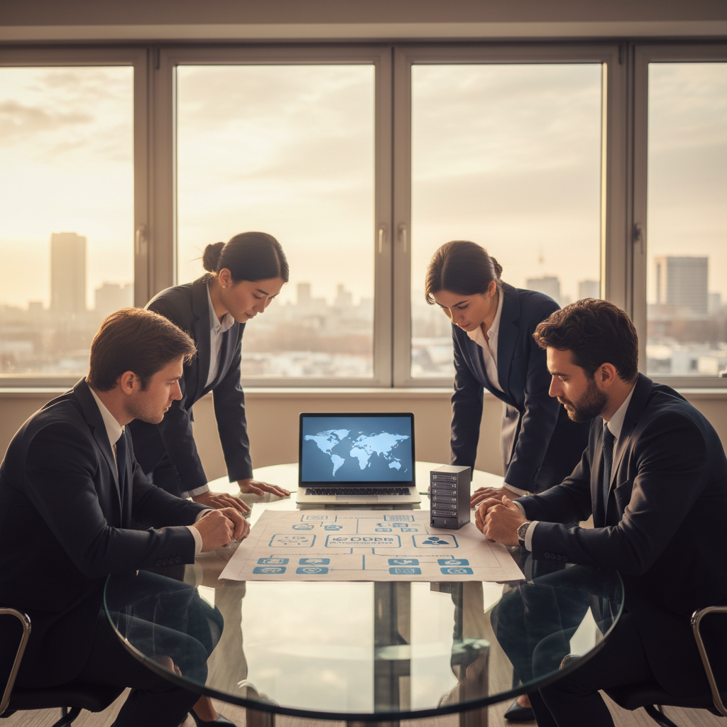 Diverse compliance team reviewing an icon-only GDPR checklist and server model in a bright office, assessing AI vendor data