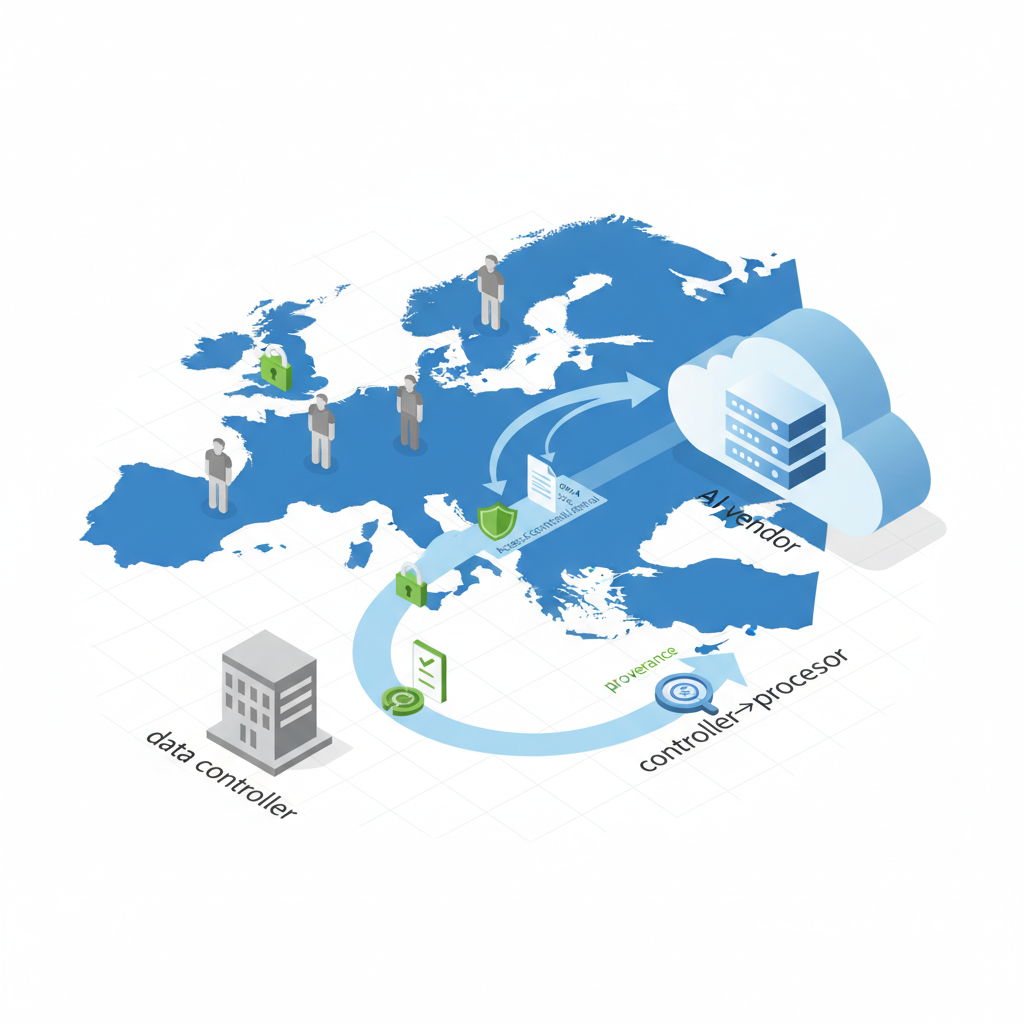 Isometric diagram showing EU data flowing to an AI vendor with encryption, DPA/SCC and consent-provenance icons
