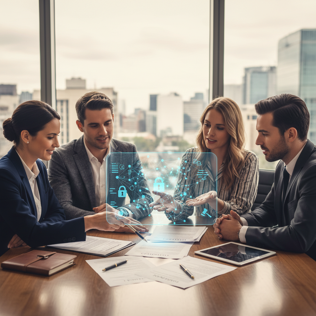 Diverse legal and tech team reviewing a printed contract with holographic AI model visuals overlaid in a conference room.