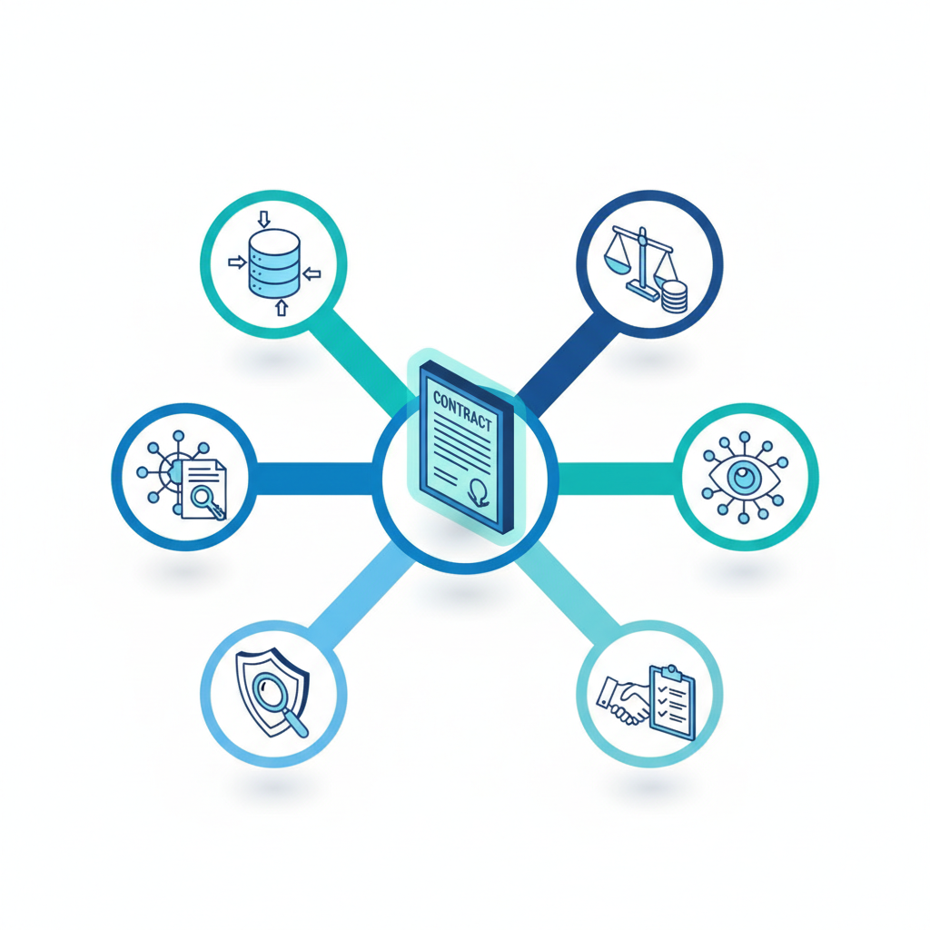 Isometric diagram of a central contract hub with colored icon branches for data, IP, security, liability and vendor