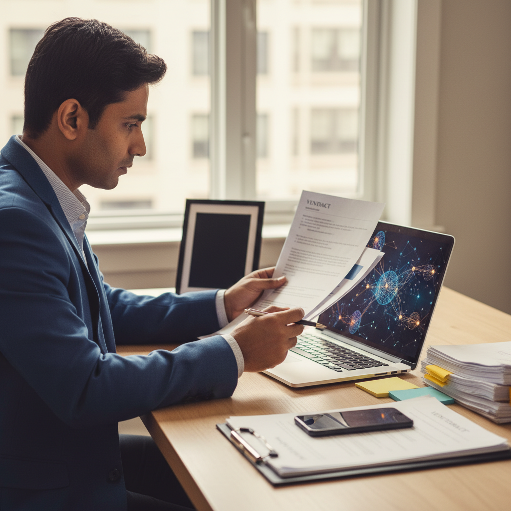 Small-business founder reviews vendor paperwork and a laptop showing an abstract AI model in a bright office