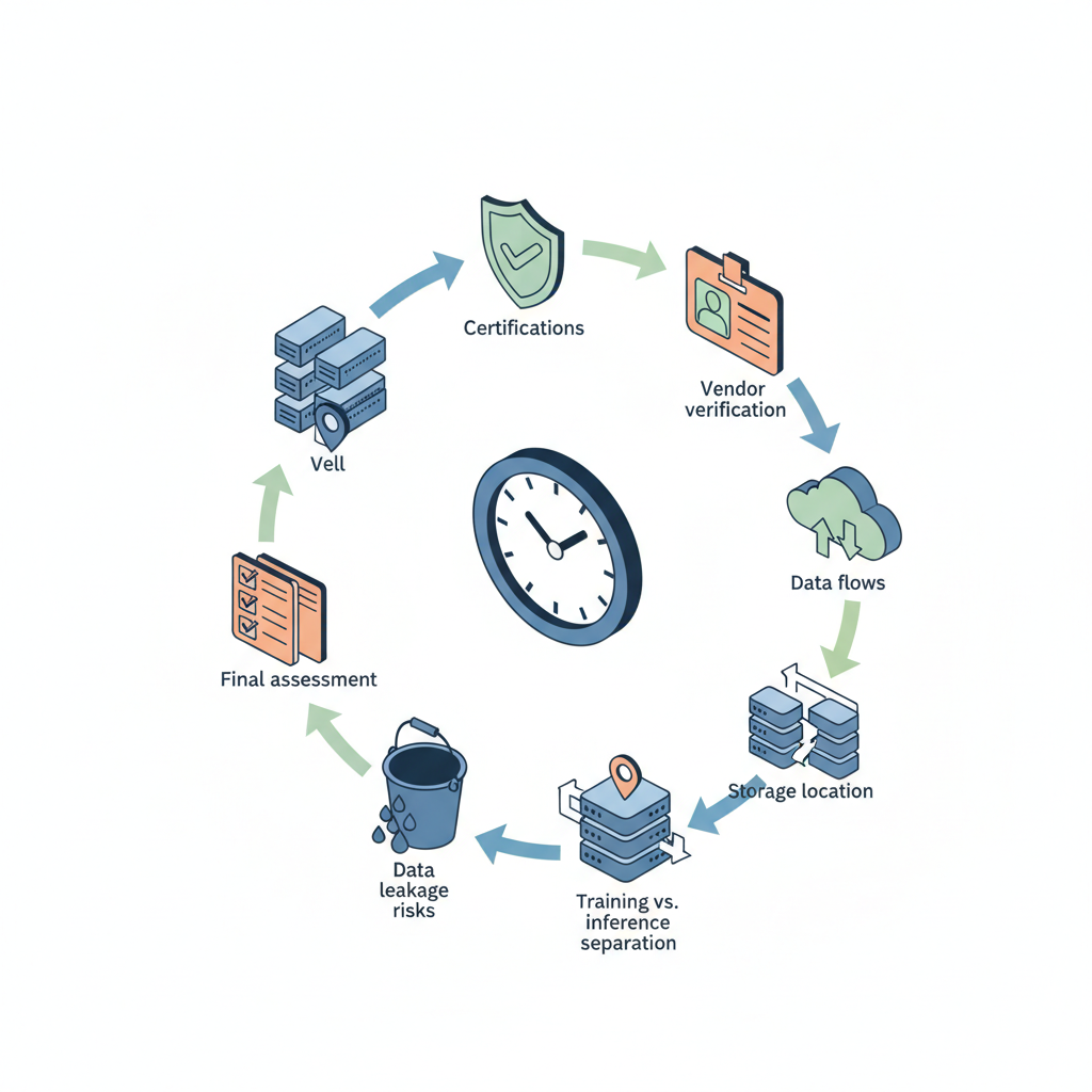 Isometric diagram illustrating a 7-step quick AI security audit workflow with icons for vendor checks and data flow