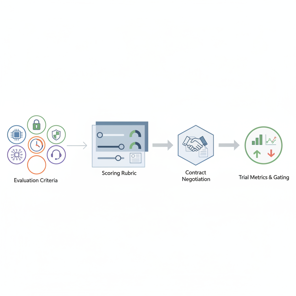 Isometric diagram of AI vendor selection workflow with evaluation icons, scoring sliders, contract and trial gating