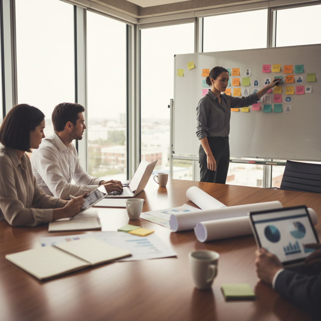 Cross-functional team planning a 60-day AI pilot in a conference room, pointing at a sticky-note timeline on a whiteboard.