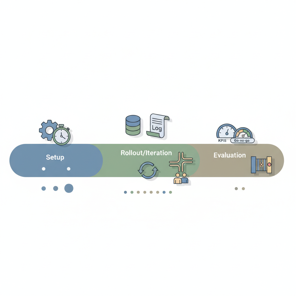 Isometric diagram of a 60-day AI pilot timeline with icons for setup, instrumentation, A/B splits, KPIs, and decision gates.