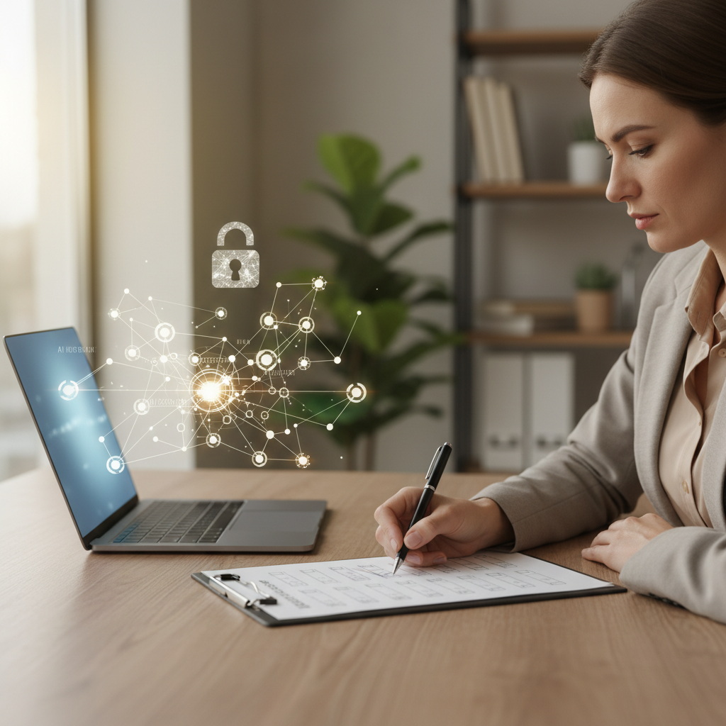 Product manager marking a checklist while laptop shows a holographic AI network and floating padlock