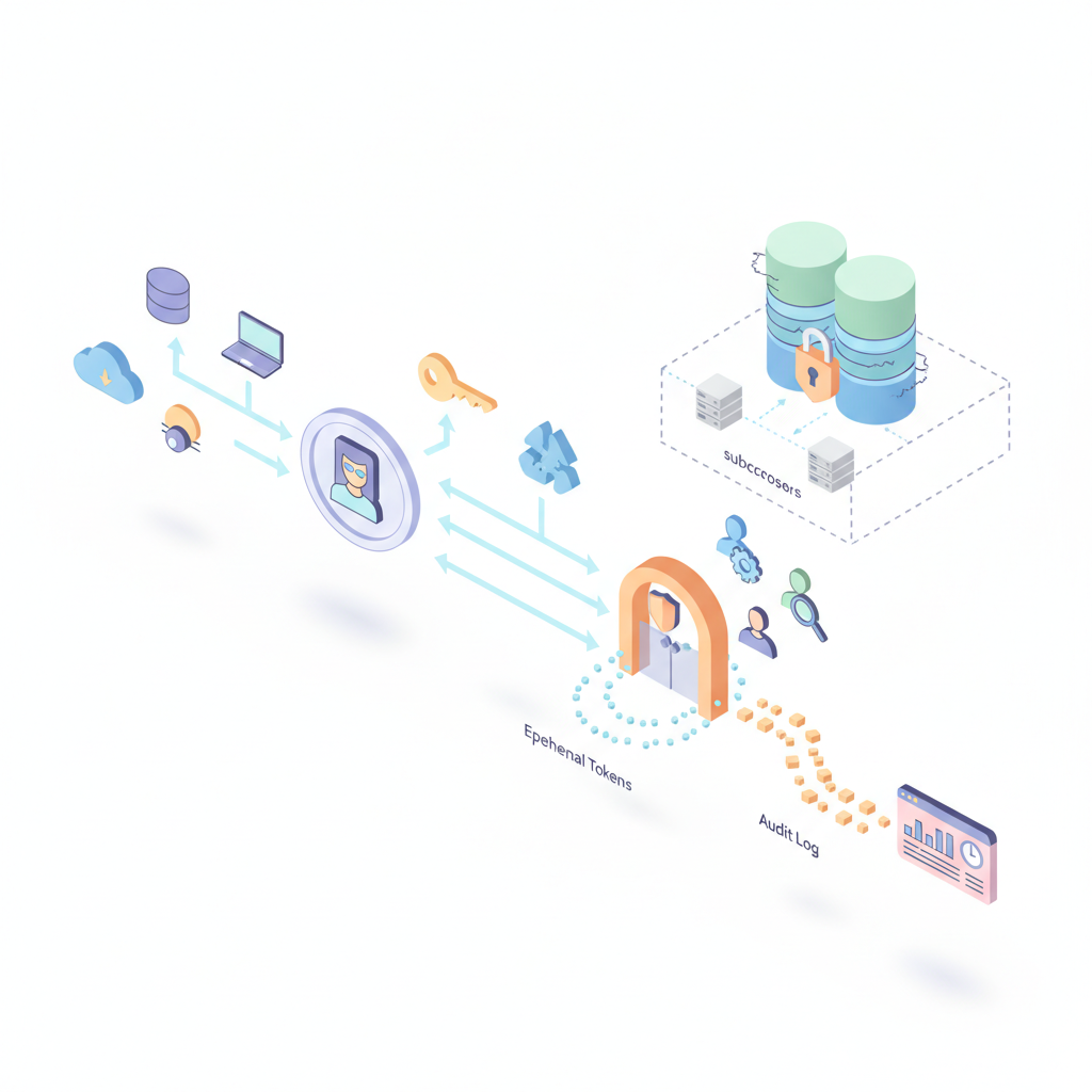 Isometric diagram of minimized data flow: pseudonymization, hashing, encryption, access controls, audit logs