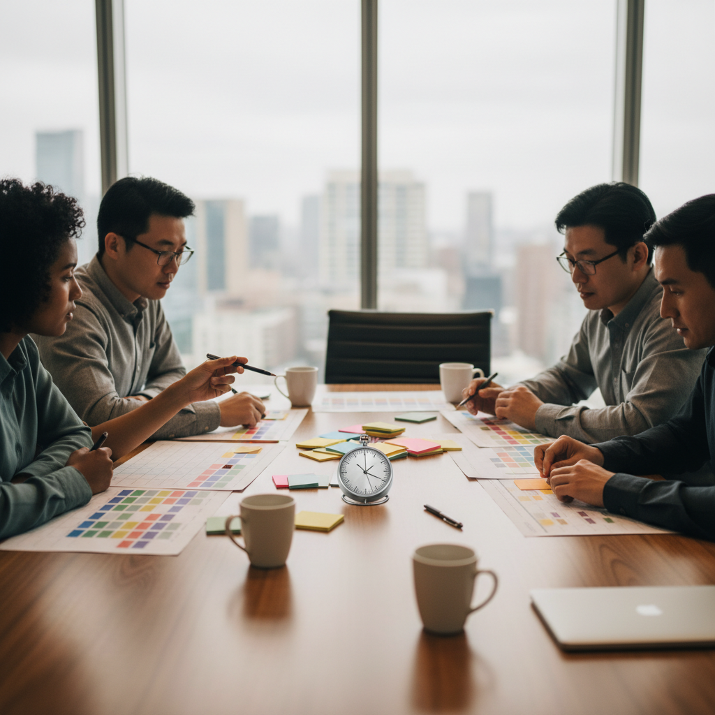 Cross-functional team scoring vendor scorecards around a conference table during an AI pilot selection workshop.