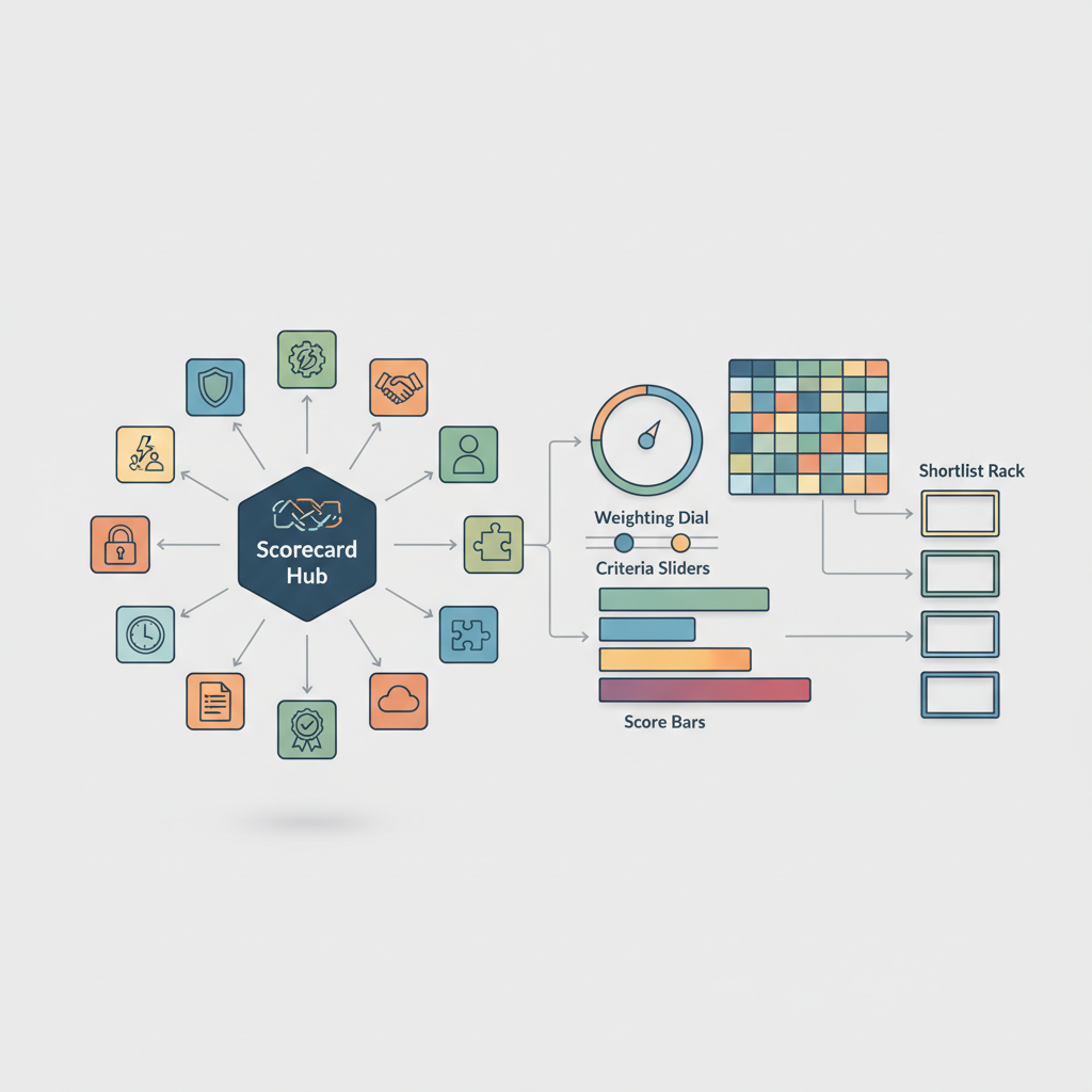 Isometric diagram showing weighted vendor scorecard workflow with 12 icon tiles feeding aggregated scores for an AI pilot.