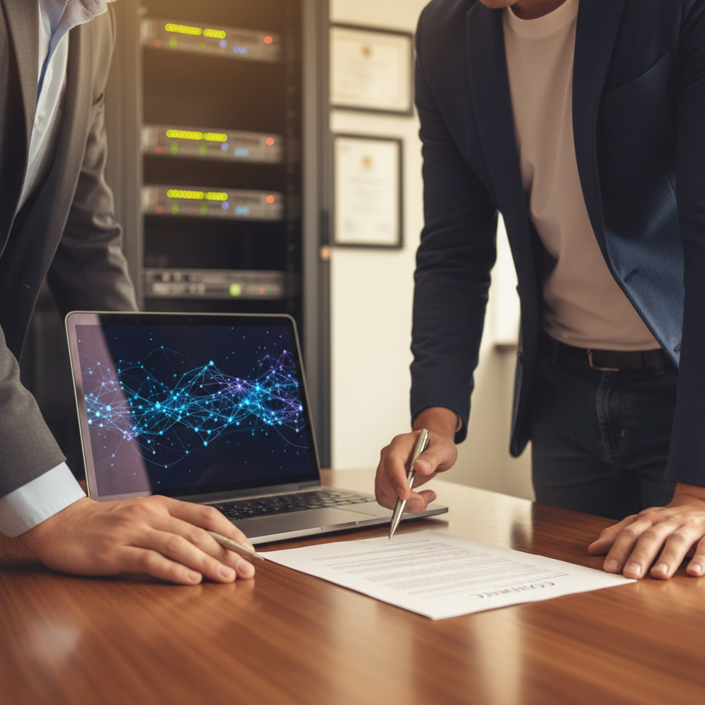 Two professionals reviewing a printed contract beside a laptop showing an abstract AI neural network in a modern office