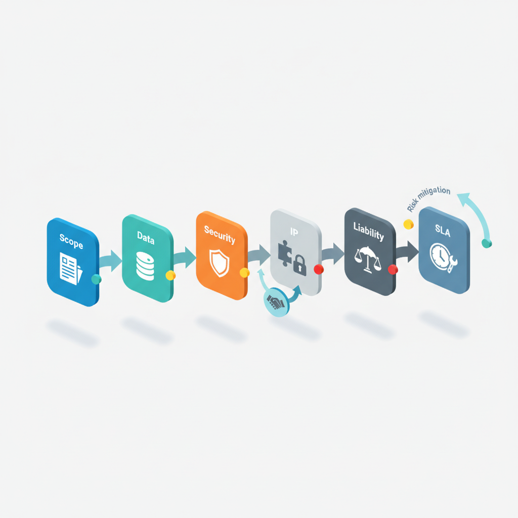 Isometric diagram with color-coded icons for AI pilot contract clauses connected by arrows showing flow and negotiation
