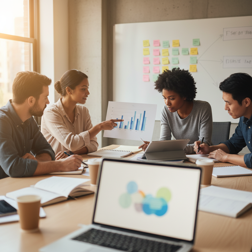 Product team reviewing printed KPI charts and a blurred tablet in a bright office during AI pilot planning