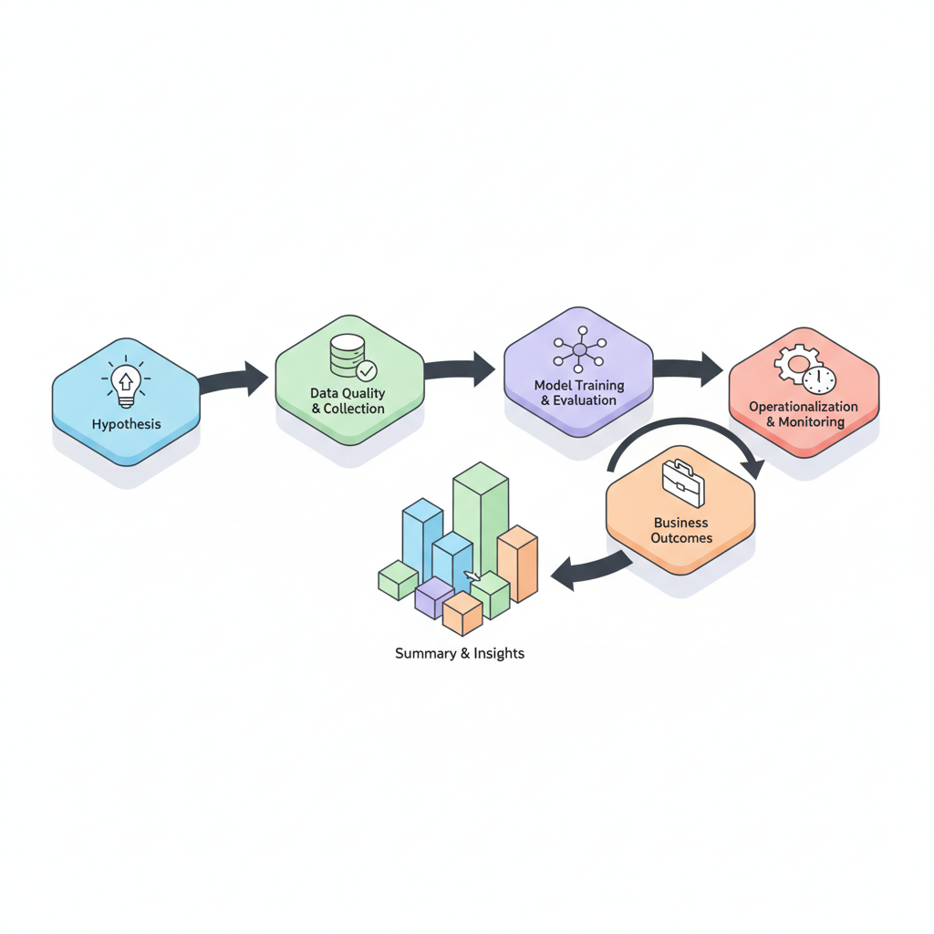 Isometric diagram of AI pilot experiment pipeline using icons for hypothesis, data quality, model performance, outcomes