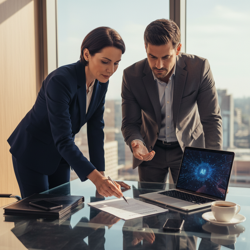 Two businesspeople negotiating over a contract at a glass conference table, laptop showing abstract AI visualization.