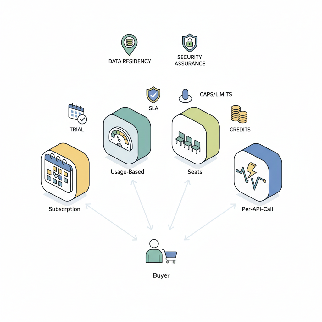 Isometric diagram illustrating AI pricing models and negotiation levers with icons for subscription, usage, seats, API calls.