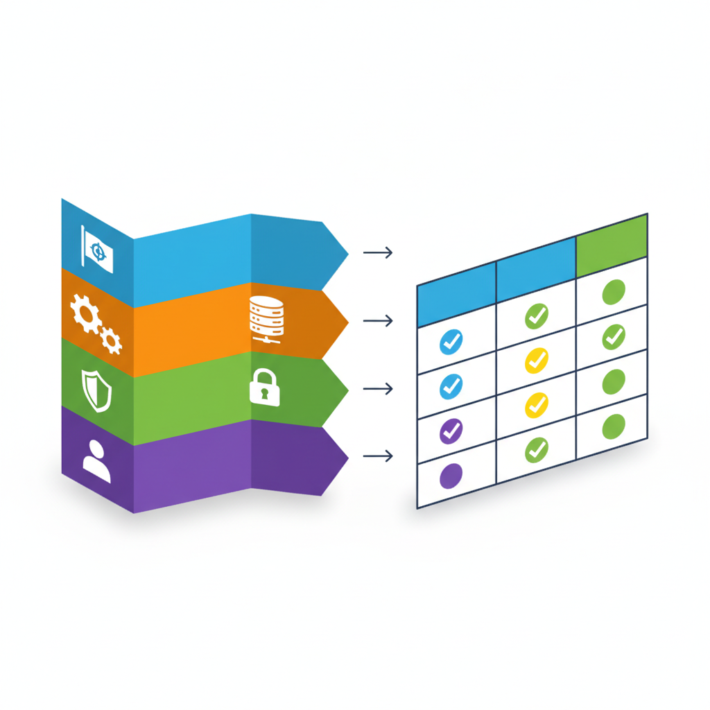 Isometric diagram showing layered evaluation flow and icons leading to a shortlist grid for AI tool selection