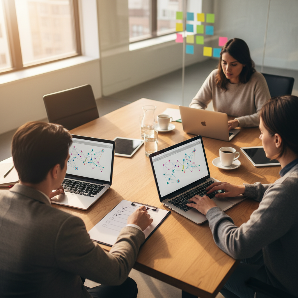 Small SMB team around a conference table pointing at checklists and laptops while planning AI tool procurement