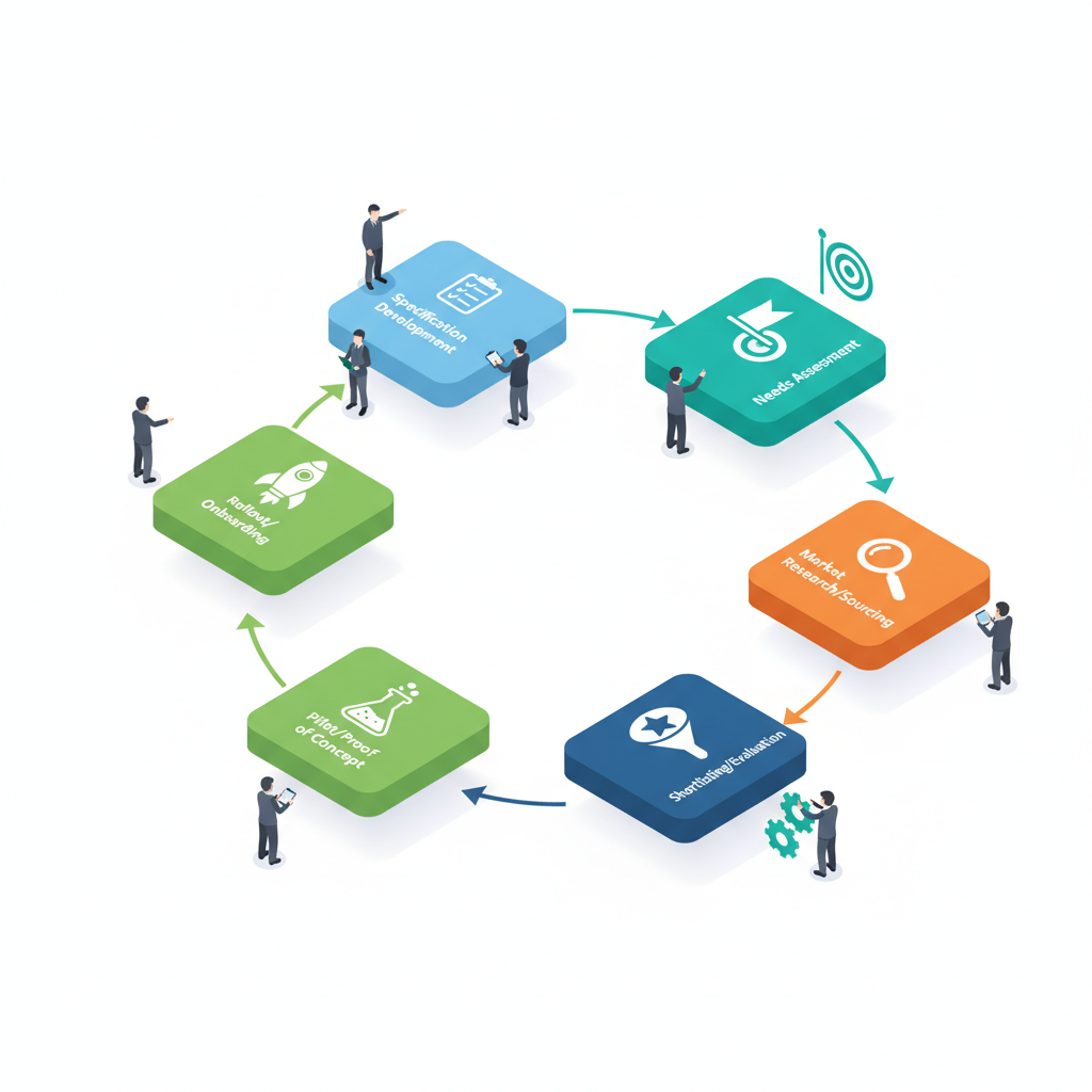 Isometric flow diagram of six icon blocks linked by arrows showing phases from defining needs to rollout and onboarding